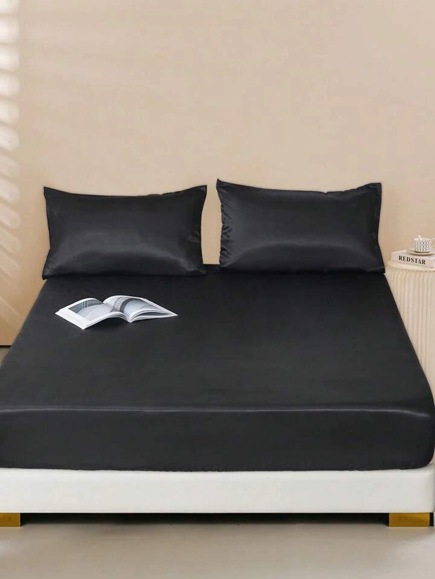 3pcs Solid Color Black Satin Duvet Cover Set With 1pc Cover, 2pcs Pillow Case Without Filler, Modern Soft Bedding Duvet Cover For Household
