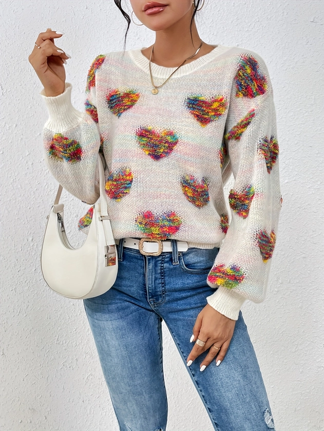 Valentine's Day Colorful Heart Pattern Sweater, Casual Crew Neck Long Sleeve Pullover Sweater, Women's Clothing