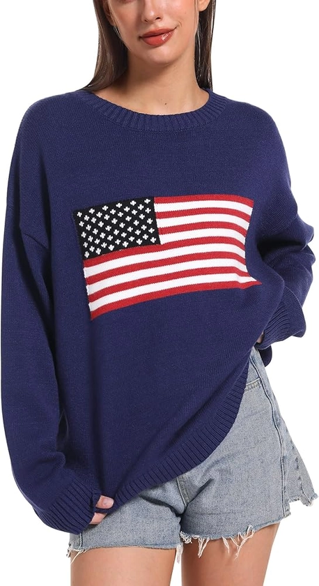 Ugerlov Women's Oversized American Flag Sweater Long Sleeve Crewneck Knit USA Sweaters 2024 Fall Chunky Warm Pullover Tops