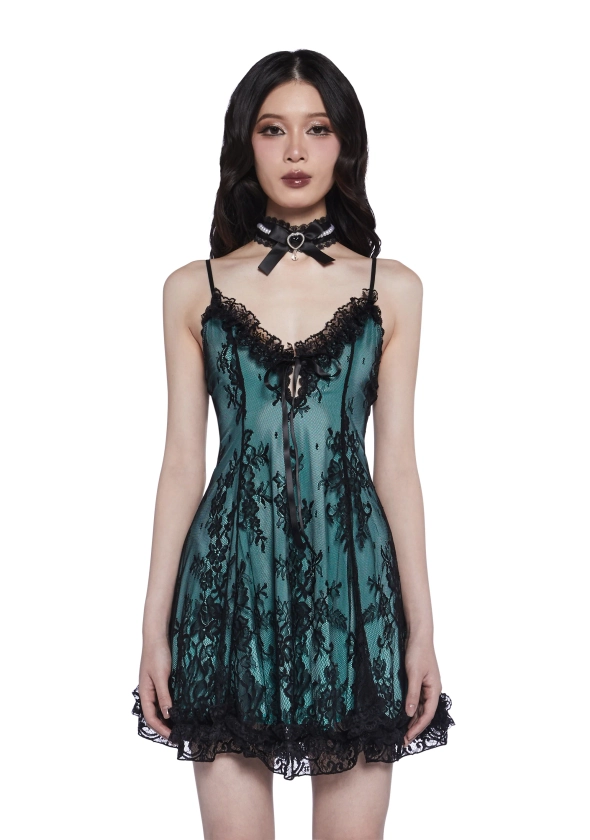 Widow Lace Overlay Mini Dress - Light Green/Black