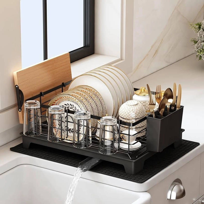 MAJALiS Dish Drainer Rack with Drip Tray, Dish Drying Rack with 360° Swivel Spout and Drainer Mat, Durable Stainless Steel Dish Rack with Cup Holder and Cutting Board Holder (Black - One Tier)