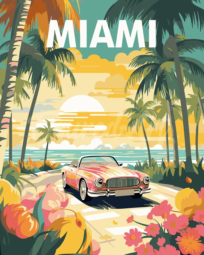 Peinture par numéros - Affiche de voyage Miami au coucher du soleil – Figured'Art