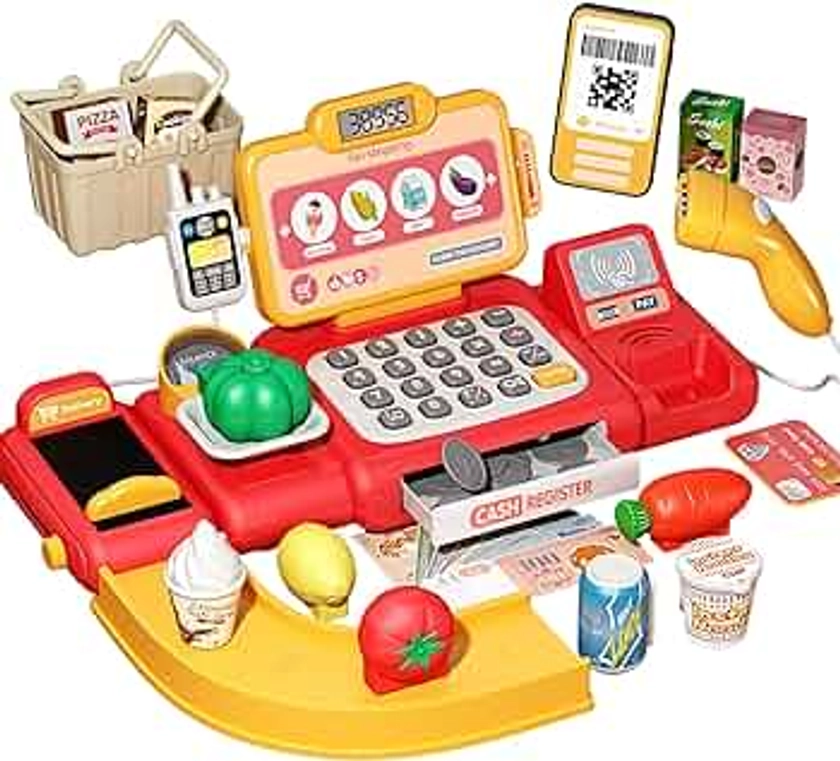 36PCS Cash Register Toy Playset,Pretend Play Money Kids Calculator Cash Register with Scanner, Microphone, Credit Card,Weighers, Conveyors,Play Food, Gift for Ages 3+ Boys Girls [ Red]