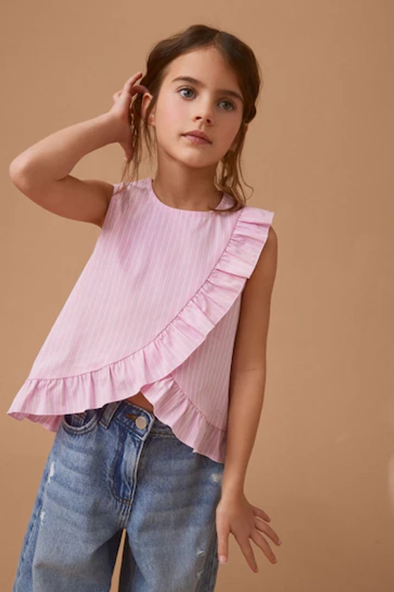 Buy Pink Stripe Ruffle Cotton Blouse (3-16yrs) from the Next UK online shop