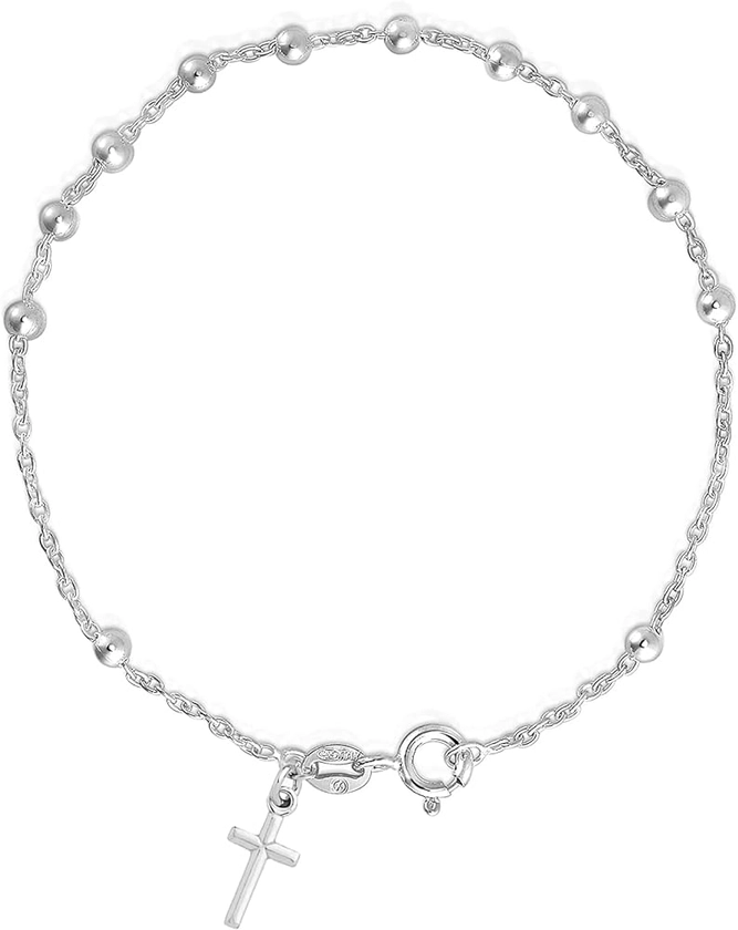 Savlano 925 Sterling Silver Italian Rosary Solid Bead Chain Cross Pendant 7 Inches Bracelet Comes With Gift Box for Women - Made in Italy