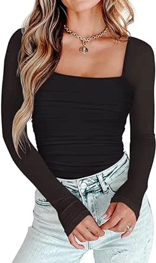 PINKMSTYLE Mesh Square Neck Bodysuit for Women Long Sleeve Shirts Shapewear Corset Top Sexy Country Concert Outfits Black Small at Amazon Women’s Clothing store