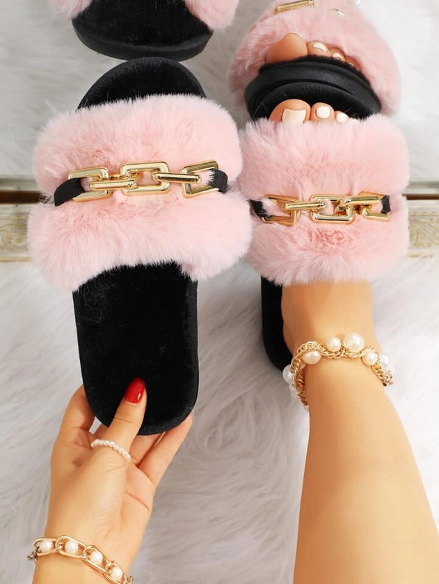 Women's Stylish Light Pink Plush Bedroom Slippers With Metal Chain And Solid Colored Metal Chain