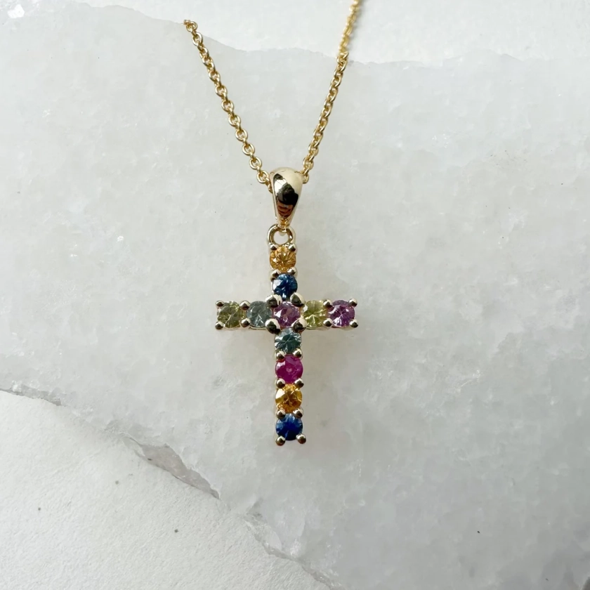 14K Solid Gold Genuine Color Sapphire Rainbow Cross Pendant (pendant only)