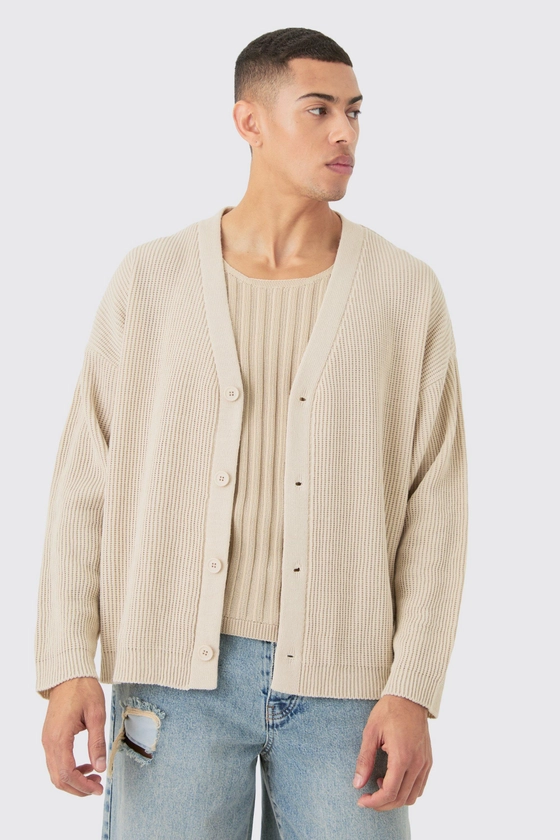 Boxy Oversized Ribbed Knit Cardigan | boohooMAN UK