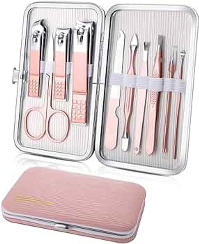 Manicure Set, Travel Mini Nail Clippers Kit Pedicure Care Tools, 10pcs Stainless Steel Grooming kit (Pink)