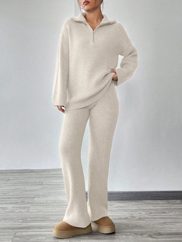 SHEIN EZwear Knitted Sweater With Zipper And Knitted Pants Set With Dropped Shoulders