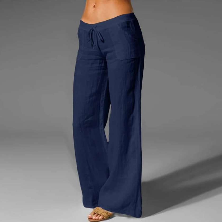 MAIAMY Women Spring Summer Linen Pants Casual Solid Color Elastic Waist Trousers Ladies Vintage Wide Leg Home Pants