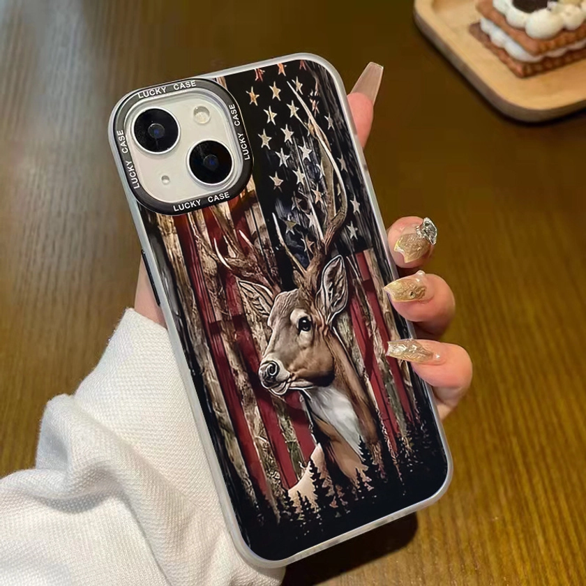Acrylic Protective Phone Case with American Flag and Deer Design for Enhanced Drop Protection - Scratch-Resistant Back Cover for Daily Use