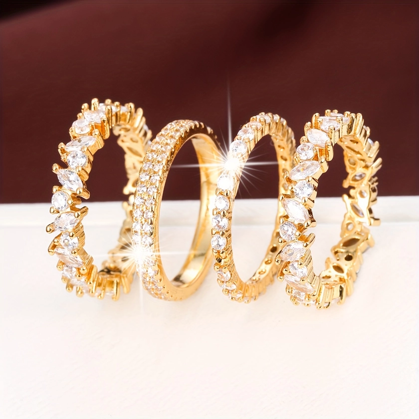4pcs Chic Stacking Rings Simple Design Paved Shining Zirconia Golden Or Silvery Make Your Call Match Daily Outfits Party Accessories