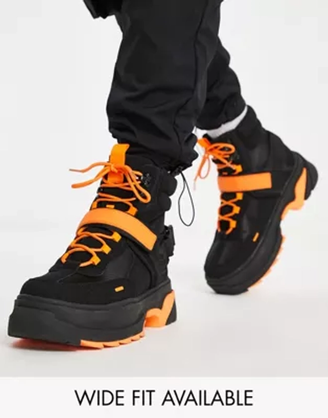 ASOS DESIGN chunky lace up boot in black with orange details