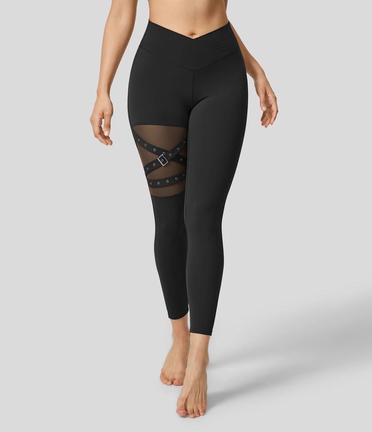 High Waisted Crossover Contrast Mesh Decorative Buckle Yoga Leggings