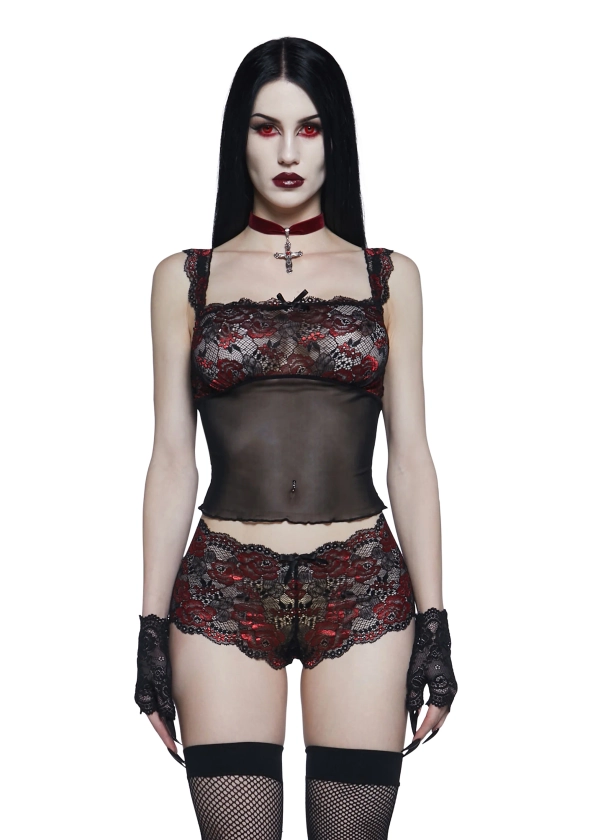 Widow Sheer Floral Lace And Mesh Tank And Panty Set - Black