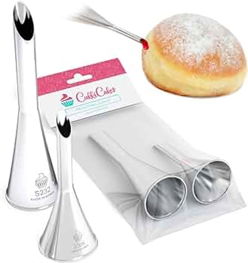 CukkiCakes 2pcs Filling Piping Nozzles Set - Piping Tip to Fill Eclair, Donut, Puff, Muffins, Pastries, Cakes & Profiteroles (2 Sizes) - Long Icing Tip - Made in Korea