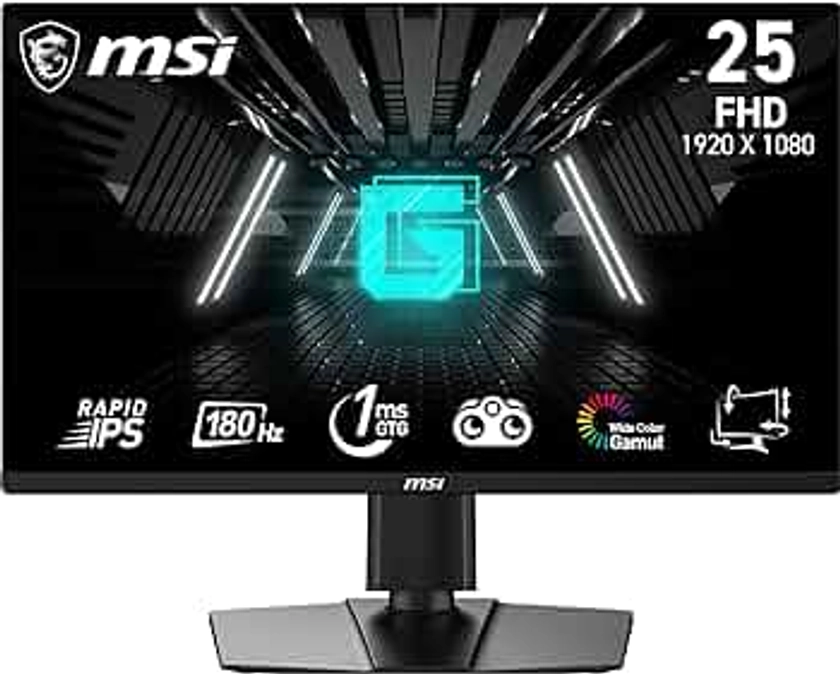 MSI G255PF E2 Écran Gaming FHD 24,5 Pouces - Dalle Rapid IPS 1920 x 1080, 180 Hz / 1ms (GtG), Gamme de Couleurs sRGB 99%, Adaptive-Sync - DP 1.2a, HDMI 2.0b CEC