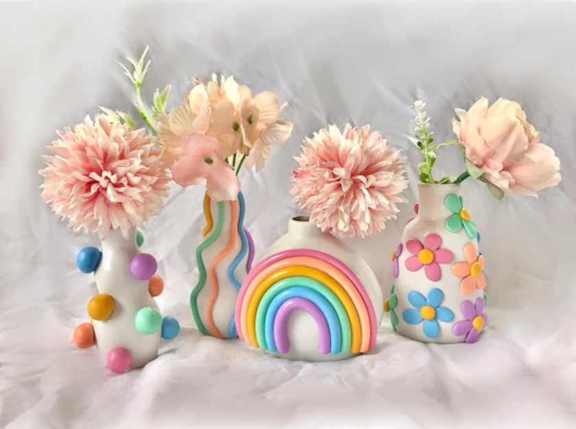 Vase rétro éclectique coloré/Joli vase en céramique/Jardinière en pot arc-en-ciel/Vase en céramique moderne/Céramiques de couleur pastel/Décor bohème