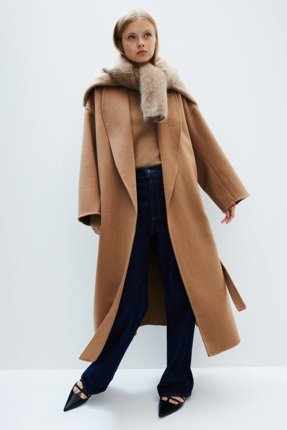 Manteau fait main en laine mélangée - Manches longues - Maxi - Beige foncé - FEMME | H&M FR