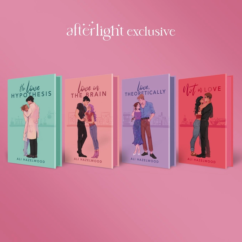 Afterlight Exclusive: Ali Hazelwood Dust Jacket Set - The Love Hypothesis, Love on the Brain, Love, Theoretically and Not In Love alternative dust jackets - Illumicrate