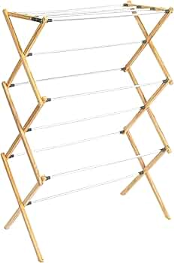 Household Essentials X-Frame Clothes Drying Rack, Stabile Wood Frame with Slanted Feet, Smooth Vinyl Wrapped Rods, 23.8 Feet of Hanging Space, Ready to Assemble, Flat Top, Natural