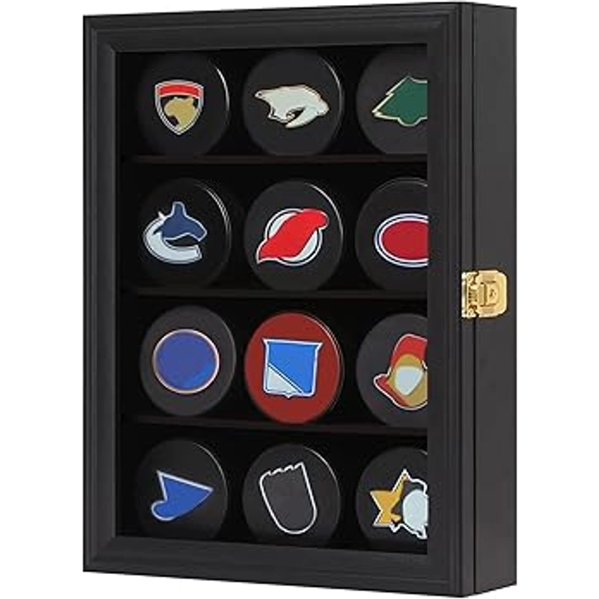 Mstrse 12 Hockey Puck Display Case - Puck Holder Wall Mount Cabinet Stand - Hockey Puck Shadow Box with Glass for Collection Hockey Puck, Small Black : Amazon.ca: Sports & Outdoors