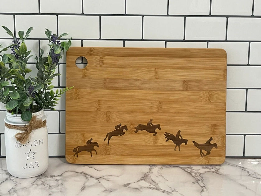 Horse and Rider Jumping, Hunter Jumper Charcuterie Cutting Board; Great gift for a special trainer, groom handler or awards ceremony!