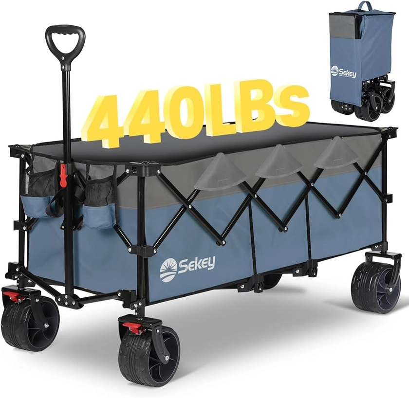 Sekey 300L Ultra-Large Folding Festival Trolley - All-Terrain Extra Wide Wheels and Brake, Heavy-Duty Cart Loadable up to 150KG, Patented Four-Directional Foldable Design, Collapsible Wagon, Blue&grey : Amazon.co.uk: Garden