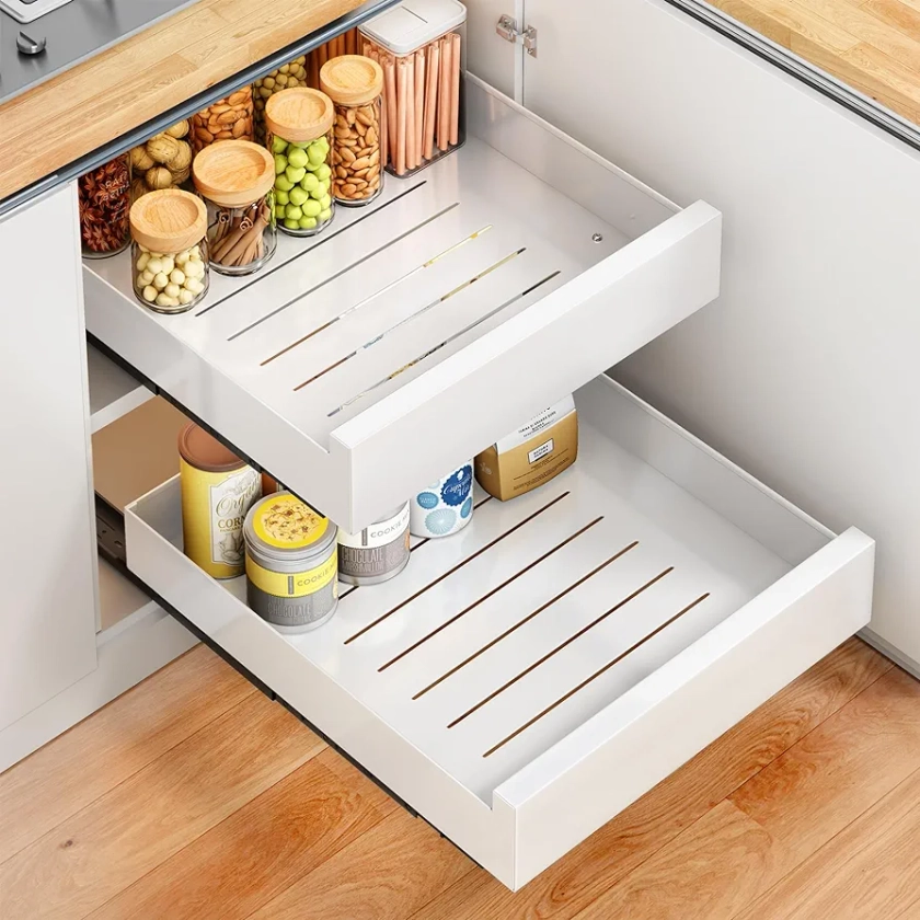 Pull out Cabinet Organizer,Pull out Drawers for Cabinets Fixed with Adhesive Nano Film,Heavy Duty Roll Slide out Pantry Shelves Storage Bins for Kitchen Base Cabinet Organization,Living Room,Home
