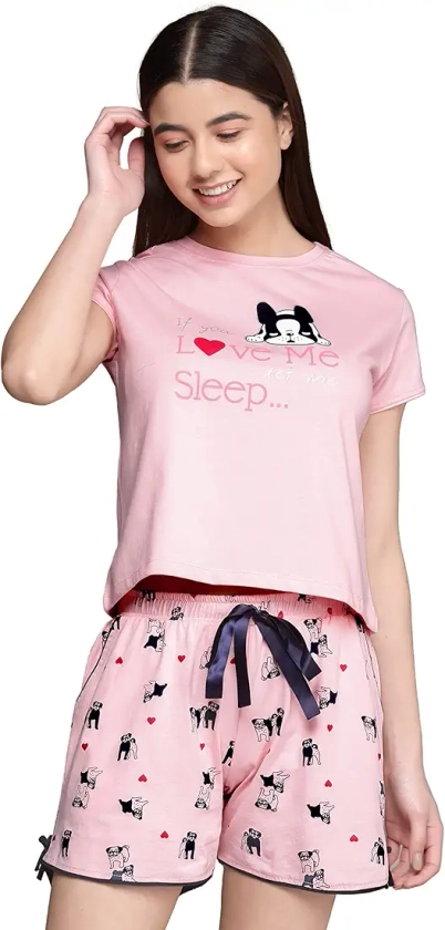Buy beebelle Women's Peach & Dog Print Night Suit Top & Shorts Set 1037 at Amazon.in