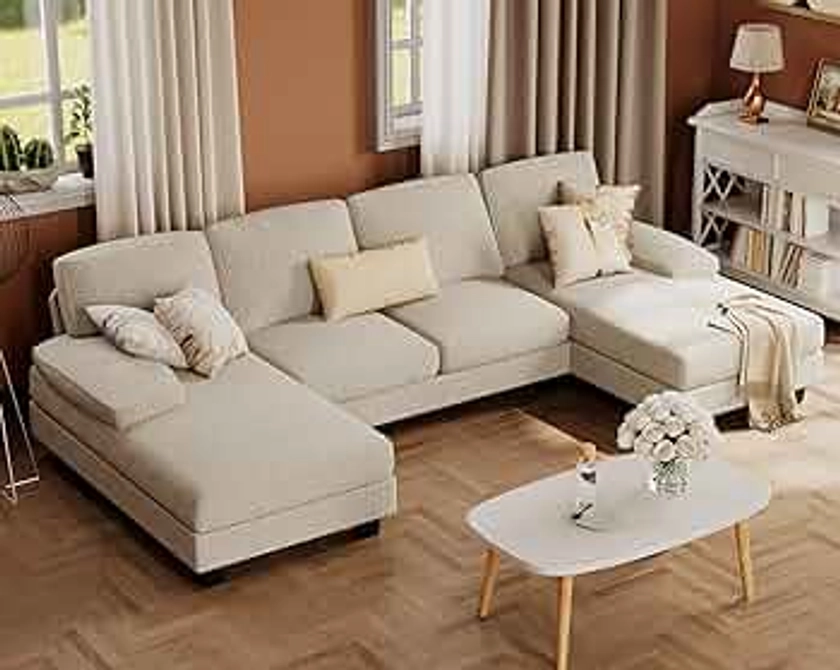 Furmax Sectional Couches for Living Room, U-Shaped Sofa Couch with Soft Corduroy, 4 Seat Sofa Set with Double Chaise for Apartment (Corduroy, Beige)