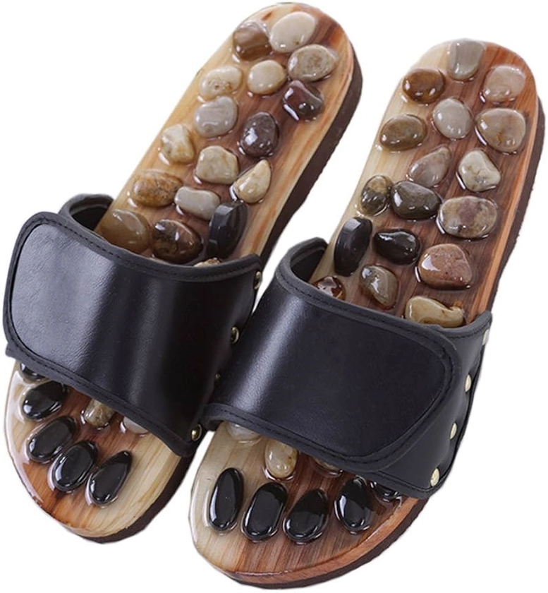 Amazon.co.jp: Foot Massage Slippers, Health Sandals, Leather, Natural Stone, Size L (US Men’s 9 - 10.5 (27 -28.5 cm), Black : Home & Kitchen