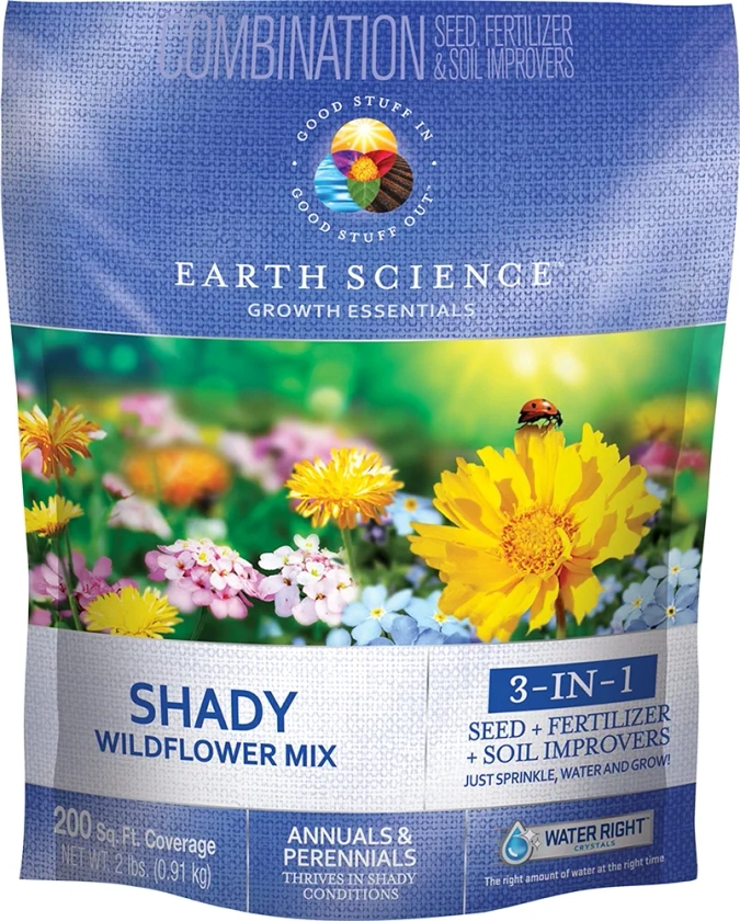 Earth Science Wildflower Shady Mix (2lb) 3-in-1 Mix with Premium Wildflower Seed, Plant Food and Soil Conditioners, Non-GMO