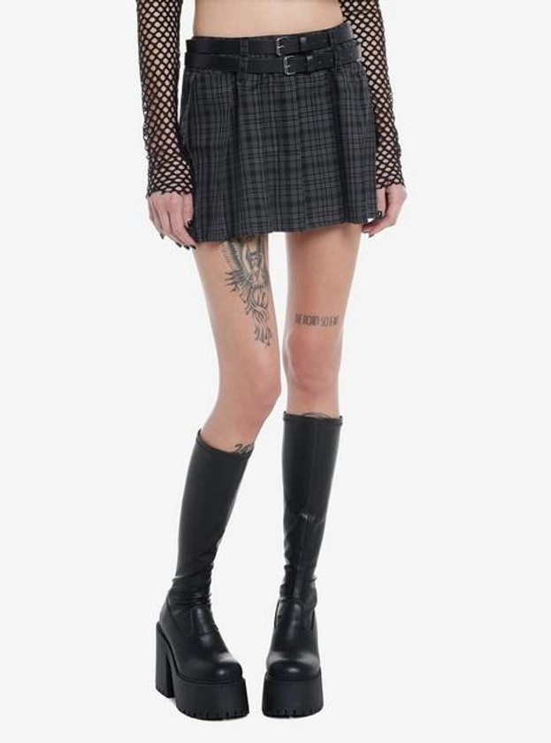 Grey Plaid Double-Belted Mini Skirt | Hot Topic