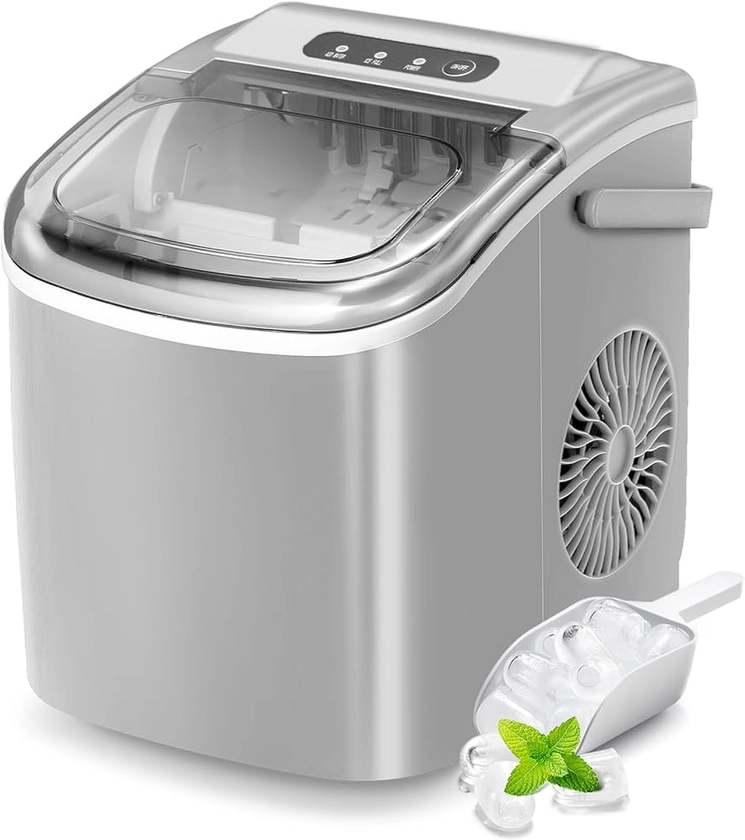 Amazon.com: Portable Countertop Ice Maker Machine with Handle, 9 Bullet-Shaped Ice Cubes Ready in 6 Mins, 26Lbs/24H, Self-Cleaning Function with Ice Scoop and Basket for Home/Kitchen/Party (Grey) : Appliances