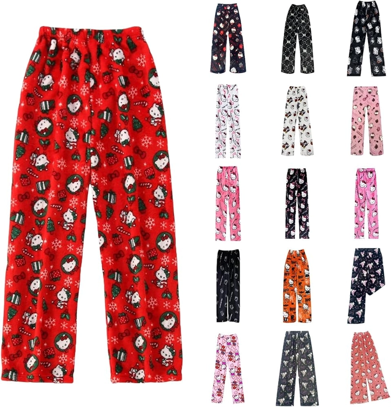 Générique 𝒉𝒆𝒍𝒍𝒐 𝒌𝒊𝒕𝒕𝒚𝒔 Noël Bas De Pyjama Femme Flanelle Pyjamas Polaire Chaud Dessin Animé en Laine Kawaii à La Mode Pyjamas Hiver Imprimé Maison Pyjama Pantalon