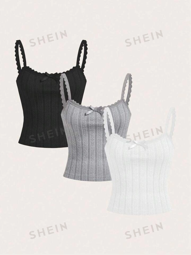 SHEIN EZwear 3 piezas de Tops de Camisole camiseta recortada con encaje decorado con moño