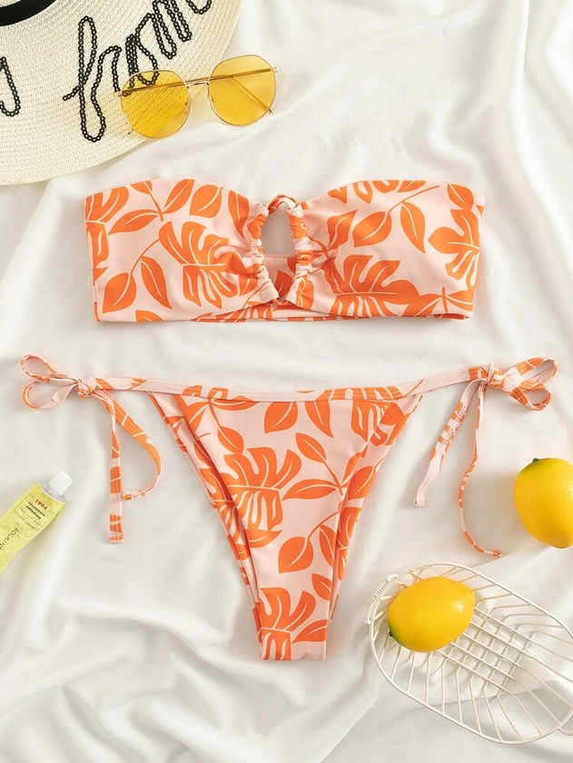 Leaf Print Bandeau Tie Side Bikini Swimsuit: Orange