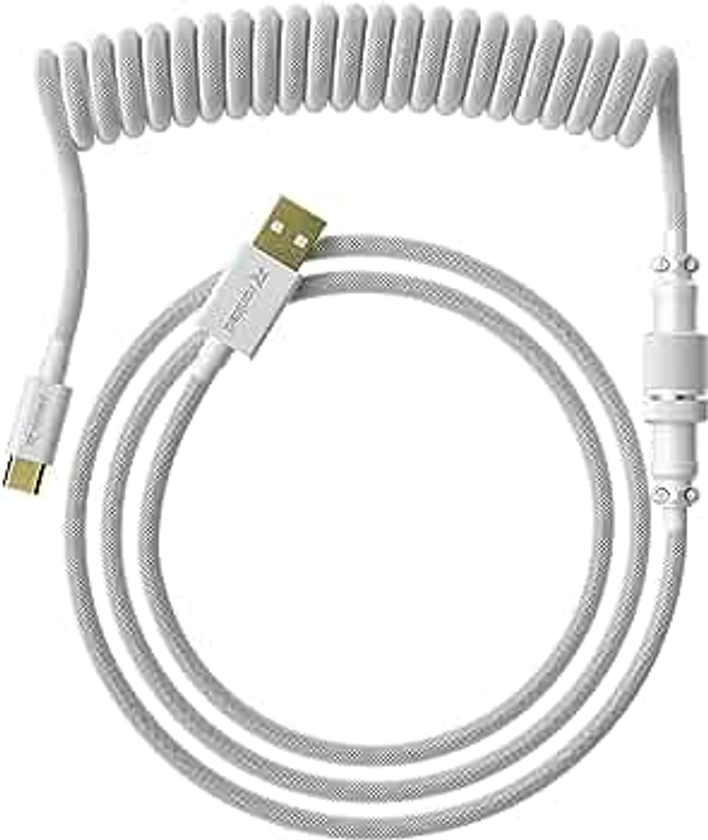 Ranked Coiled Keyboard Cable | Handcrafted Double-Sleeved Braided Cable | USB Type C to A | 5-Pin Aviator Connector for Custom Mechanical Gaming Keyboard | Support Fast Charge 20W (White)