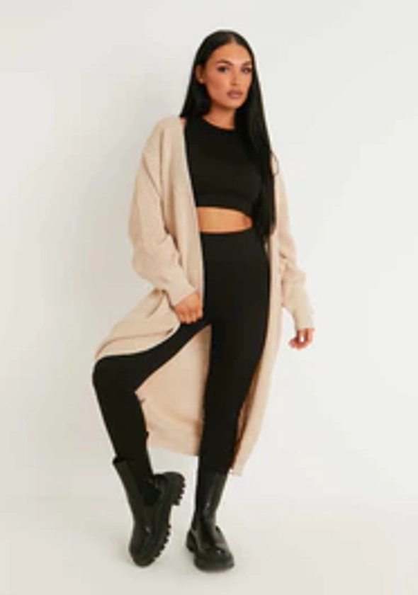 Addie Beige Longline Knit Cardigan | Missy Empire