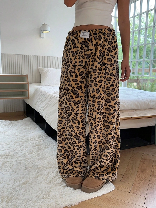 SHEIN EZwear Women Casual Leopard Print Fleece Waistband Wide Leg Sweatpants, Suitable For Indoor And Leisure Wear, Autumn/Winter