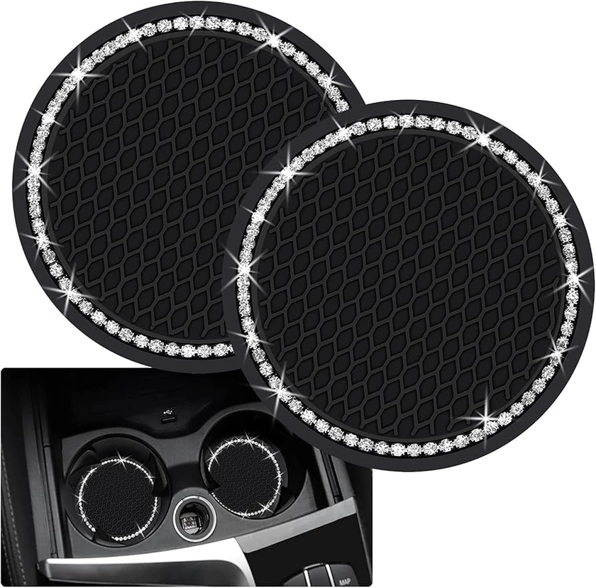 2PCS Bling Car Cup Coaster, 2.75 Inch Auto Car Cup Holder Insert Coasters Silicone Anti-Slip Crystal Rhinestone Drink Car Cup Mat, Universal Vehicle Interior Accessories for Women Girls (Black)