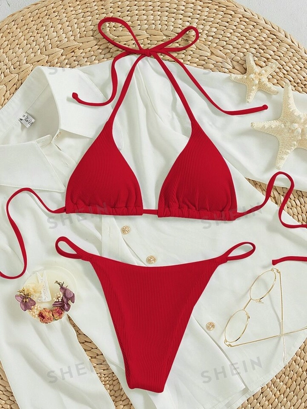 SHEIN Swim Ribbed Bikini Set Tie Back Halter Triangle Bra & Thong 2 Piece Bathing Suit
