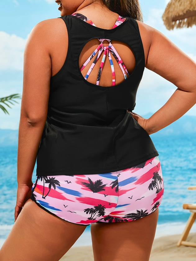 Plus Size Tankini Swimsuit For Women, Tropical Palm Print, Casual Style, High Waist Shorts With Padded Bra Top & Cover Up, 3 Piece Beachwear