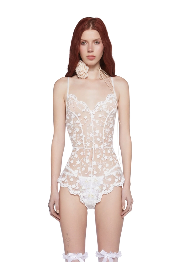 Sheer Floral Embroidered Romper Playsuit Lingerie Sexy - White