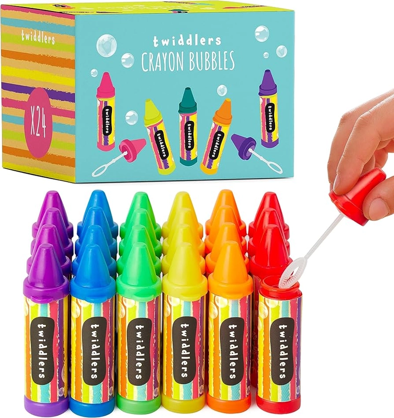 THE TWIDDLERS - 24 Mini Bubbles for Kids, Crayon Shaped Wands in 6 Colours, 8cm - Perfect as Party Bag Fillers for Kids, Wedding Favours, Outdoor Games - Refillable Tubes