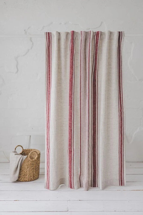 French style linen curtain with cherry red stripes