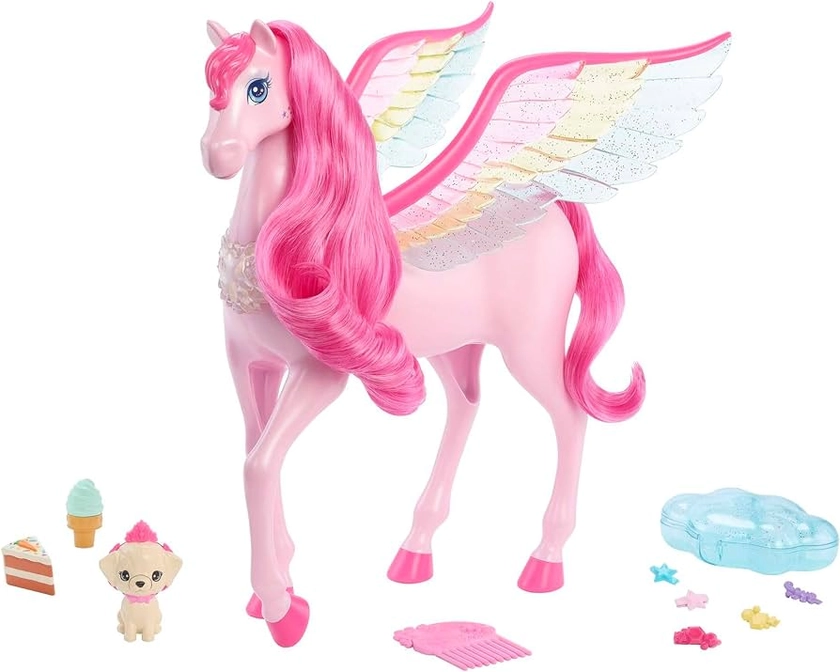 Barbie A Touch of Magic Pegasus, Pink Pegasus with Pink Hair and Rainbow Wings, Lights and Sounds, Toy Puppy, 10 Toy Accessories, Toys for Ages 3 and Up, One Barbie Pegasus, HLC41 : Amazon.co.uk: Toys & Games